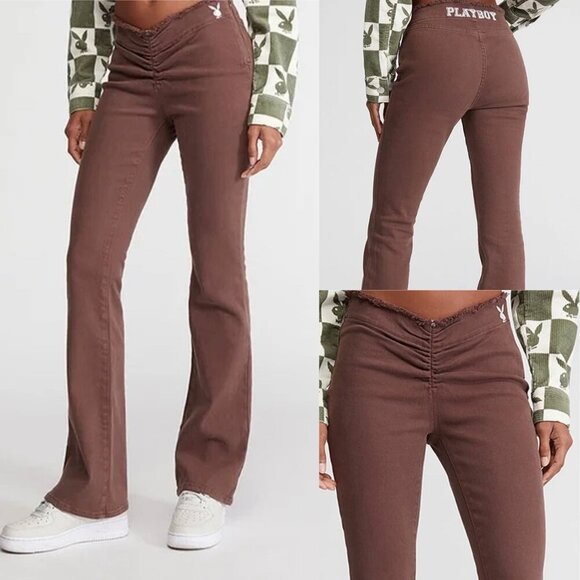Playboy By PacSun Brown Flare Jeans Ruched Waist Size 27 - Picture 1 of 14